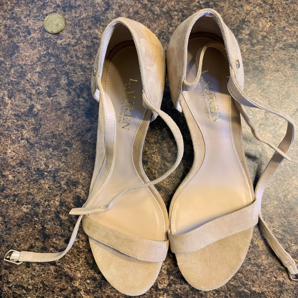 Ralph Lauren open toed, suede sandals. Size 7B, 3”Sand coloured.